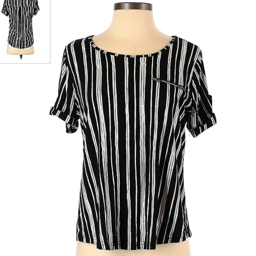 The Workshop Black White Stripe Zipper Pocket Short Sleeve Top Women's Medium M